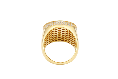 14KT Gold Ring Men's Round St. Benito Plain Border Double Row White CZ Stones Side Border Plain Band