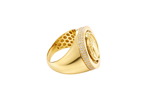 14KT Gold Ring Men's Round St. Benito Plain Border Double Row White CZ Stones Side Border Plain Band