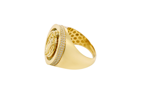 14KT Gold Ring Men's Round St. Benito Plain Border Double Row White CZ Stones Side Border Plain Band