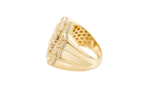 14KT Gold Ring Men's St Jude Star of David with White CZ Stones Chino Link Border and Plain Band