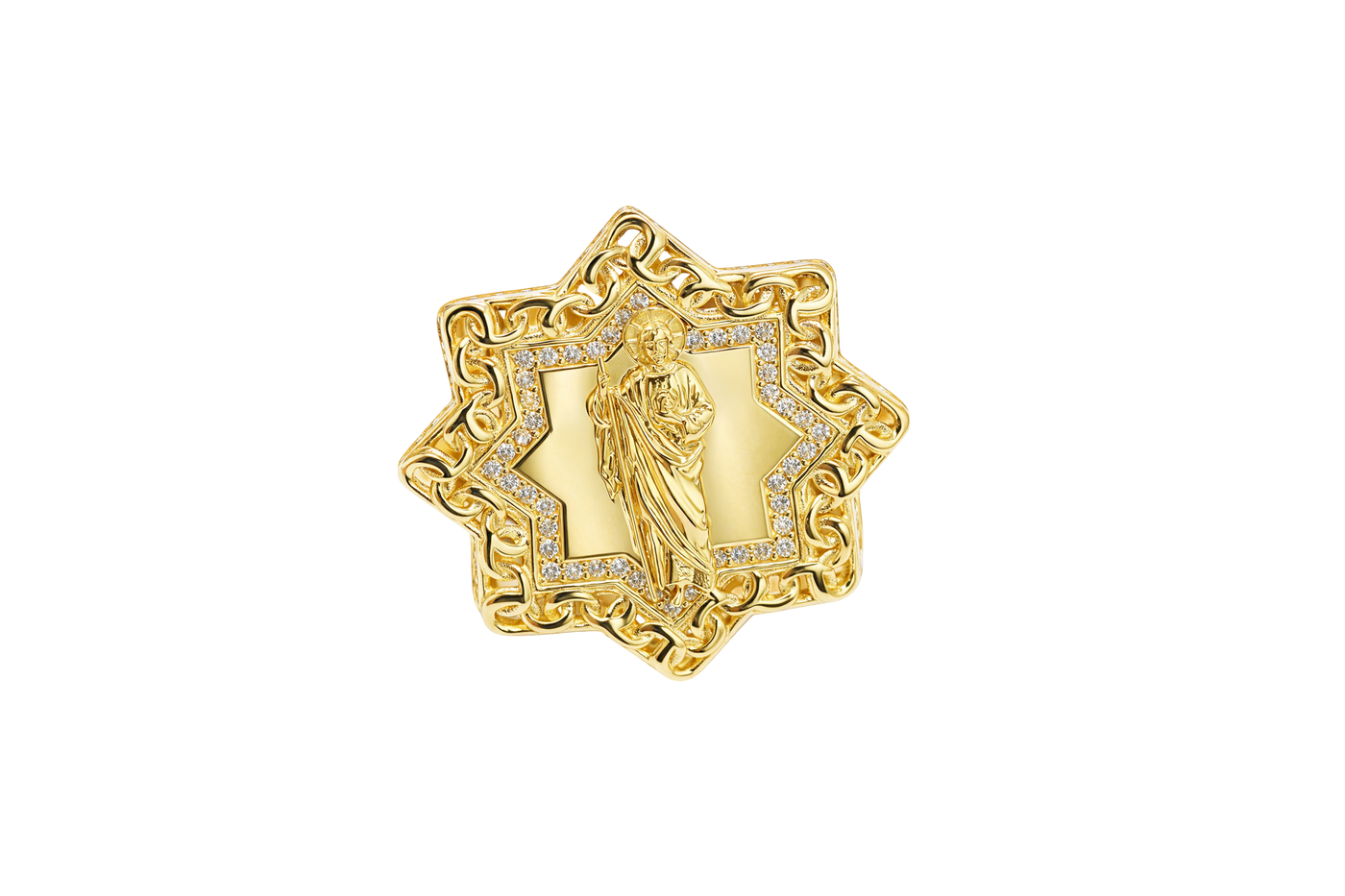 14KT Gold Ring Men's St Jude Star of David with White CZ Stones Chino Link Border and Plain Band