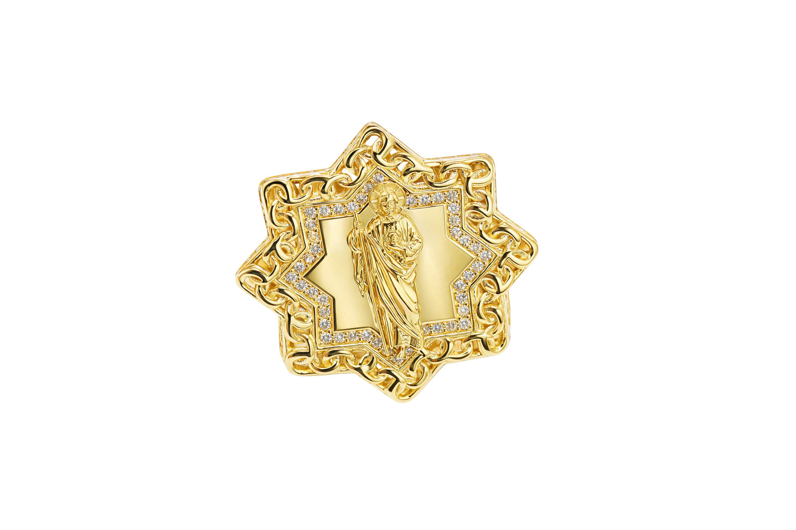 14KT Gold Ring Men's St Jude Star of David with White CZ Stones Chino Link Border and Plain Band