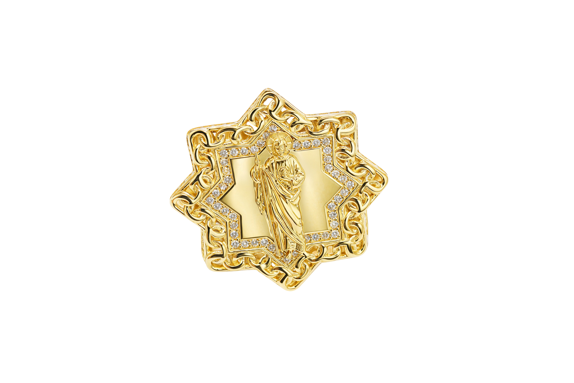 14KT Gold Ring Men's St Jude Star of David with White CZ Stones Chino Link Border and Plain Band