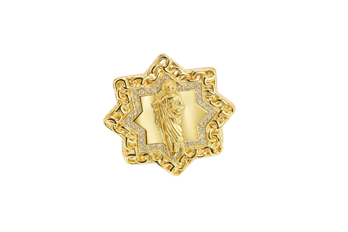 14KT Gold Ring Men's St Jude Star of David with White CZ Stones Chino Link Border and Plain Band