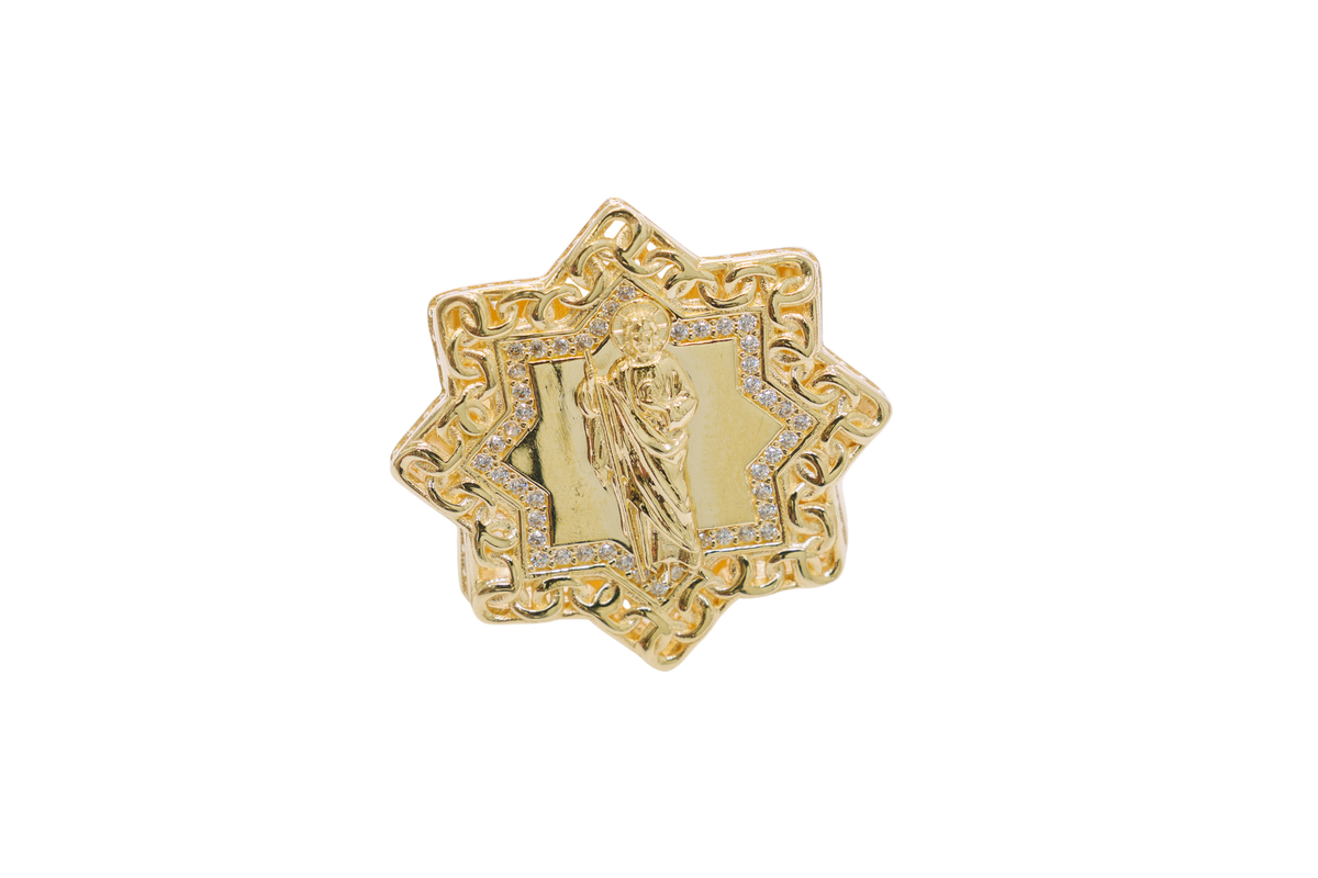 14KT Gold Ring Men's St. Jude Star of David Chino Borders with White CZ Border and Edge
