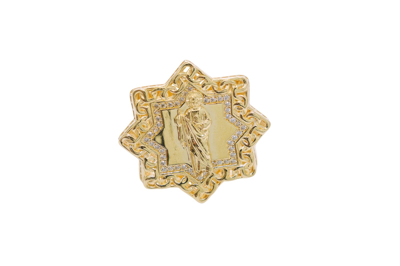 14KT Gold Ring Men's St. Jude Star of David Chino Borders with White CZ Border and Edge