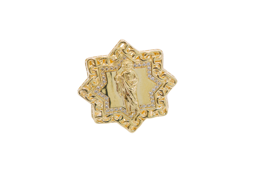 14KT Gold Ring Men's St. Jude Star of David Chino Borders with White CZ Border and Edge