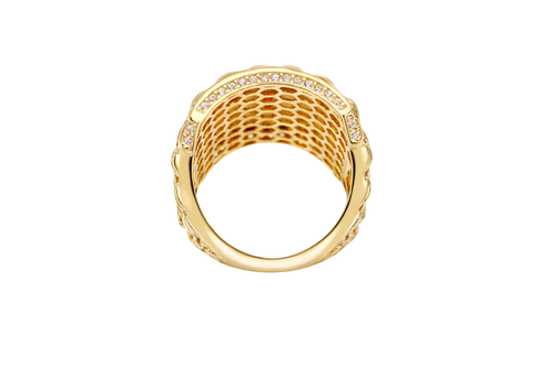 14KT Gold Ring Men's Curved Rectangle St. Jude Center with White CZ Stone Inner Border and Chino Link Frame