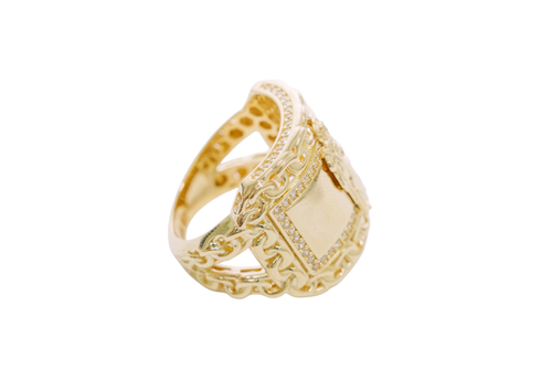 14KT Gold Ring Men's Rectangle St. Jude Chino Borders with White CZ Stones Outside Border