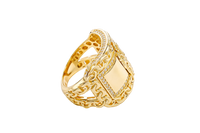 14KT Gold Ring Men's Curved Rectangle St. Jude Center with White CZ Stone Inner Border and Chino Link Frame