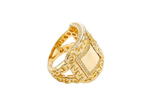 14KT Gold Ring Men's Curved Rectangle St. Jude Center with White CZ Stone Inner Border and Chino Link Frame