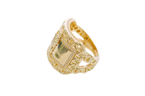 14KT Gold Ring Men's Rectangle St. Jude Chino Borders with White CZ Stones Outside Border