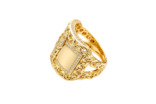 14KT Gold Ring Men's Curved Rectangle St. Jude Center with White CZ Stone Inner Border and Chino Link Frame