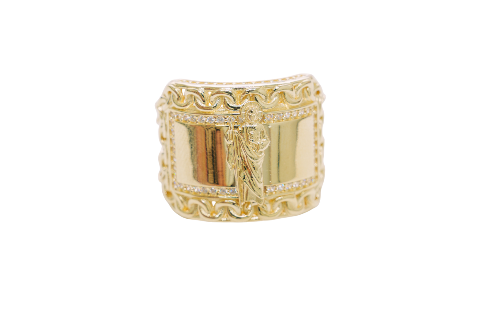 14KT Gold Ring Men's Rectangle St. Jude Chino Borders with White CZ Stones Outside Border