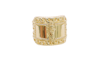14KT Gold Ring Men's Rectangle St. Jude Chino Borders with White CZ Stones Outside Border