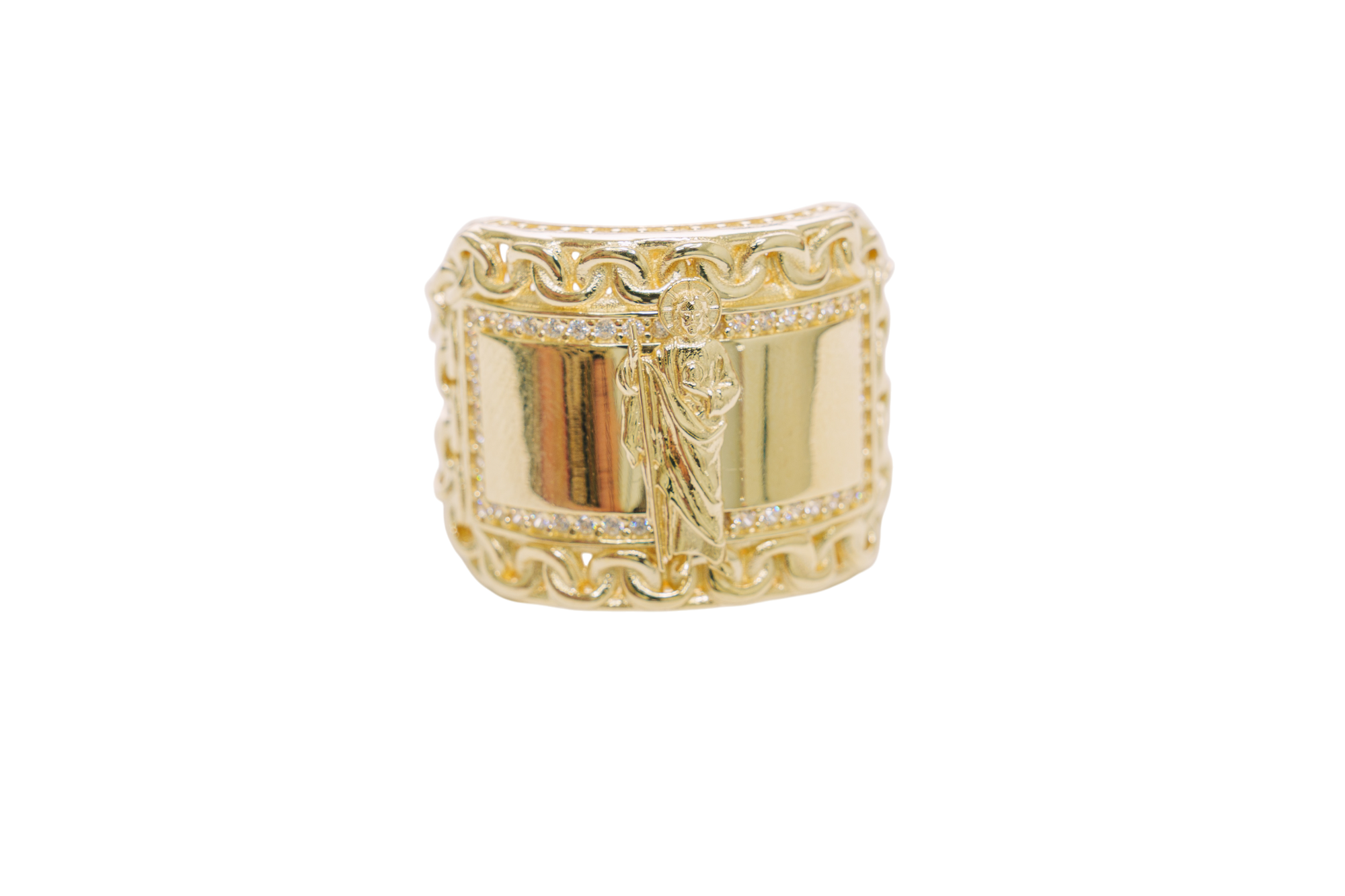 14KT Gold Ring Men's Rectangle St. Jude Chino Borders with White CZ Stones Outside Border