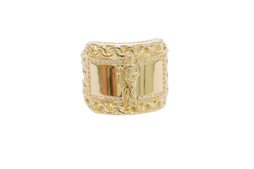 14KT Gold Ring Men's Rectangle St. Jude Chino Borders with White CZ Stones Outside Border