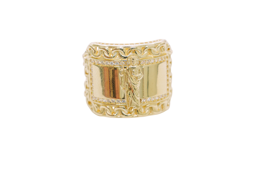 14KT Gold Ring Men's Rectangle St. Jude Chino Borders with White CZ Stones Outside Border