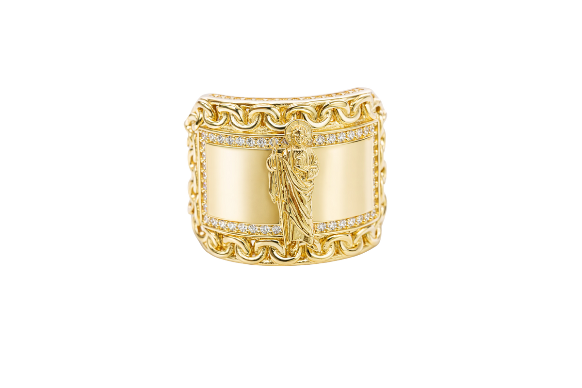 14KT Gold Ring Men's Curved Rectangle St. Jude Center with White CZ Stone Inner Border and Chino Link Frame