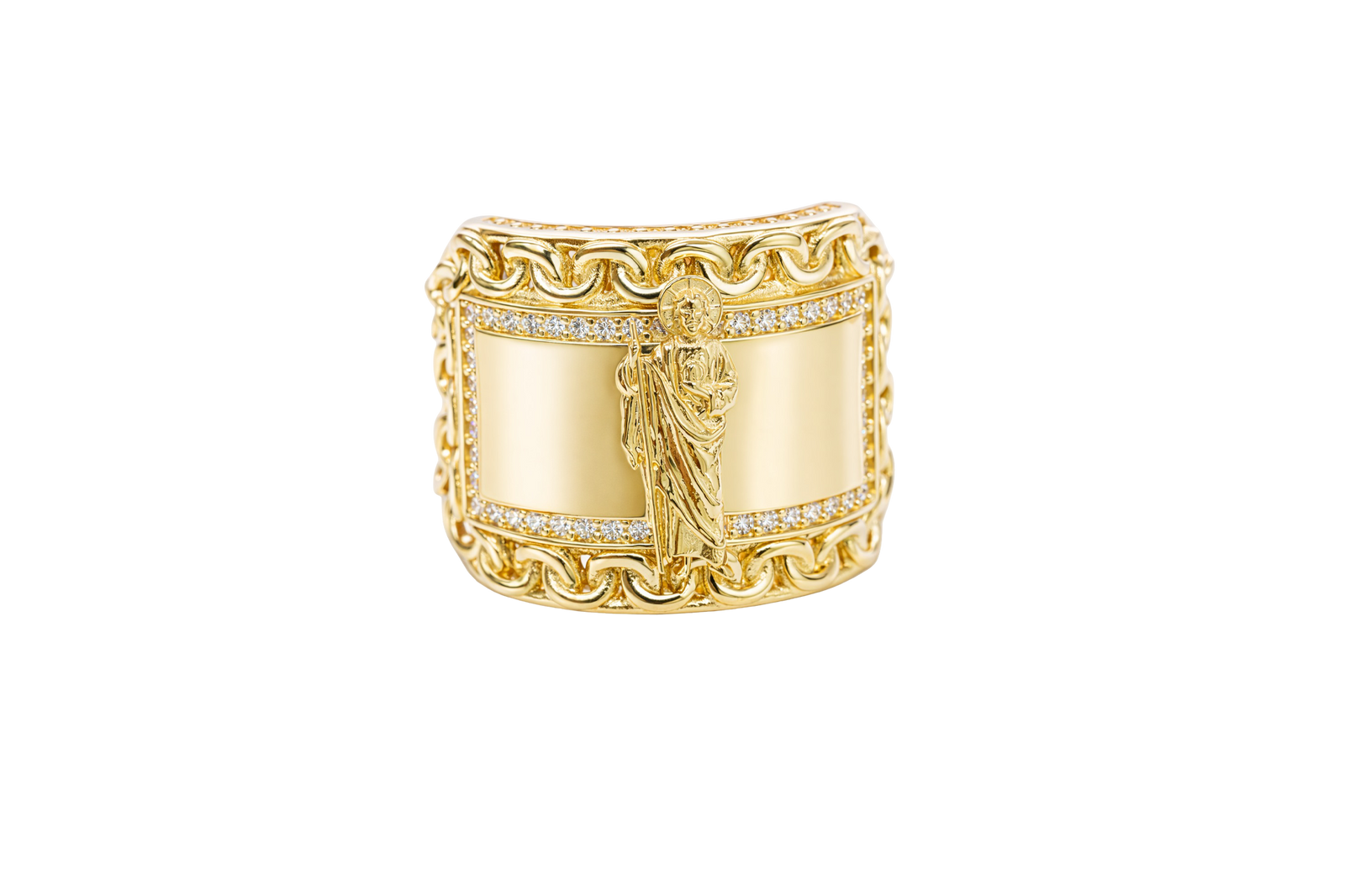 14KT Gold Ring Men's Curved Rectangle St. Jude Center with White CZ Stone Inner Border and Chino Link Frame