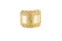 14KT Gold Ring Men's Curved Rectangle St. Jude Center with White CZ Stone Inner Border and Chino Link Frame