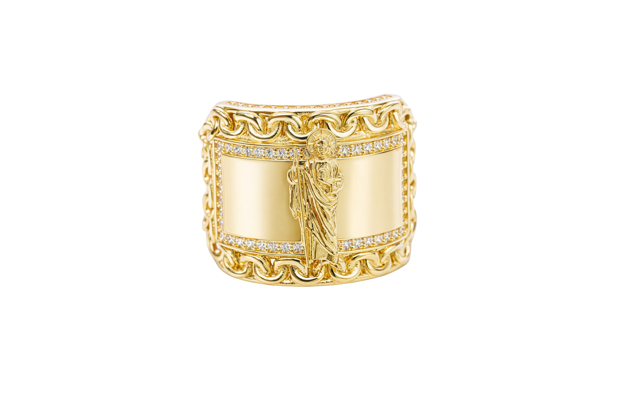 14KT Gold Ring Men's Curved Rectangle St. Jude Center with White CZ Stone Inner Border and Chino Link Frame