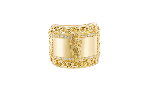 14KT Gold Ring Men's Curved Rectangle St. Jude Center with White CZ Stone Inner Border and Chino Link Frame