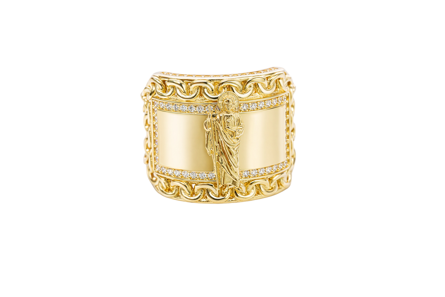 14KT Gold Ring Men's Curved Rectangle St. Jude Center with White CZ Stone Inner Border and Chino Link Frame