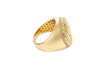 14KT Gold Ring Men's Round St. Jude Chino Border One Row White CZ Stones Outside Border Plain Band