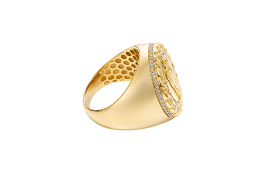 14KT Gold Ring Men's Round St. Jude Chino Border One Row White CZ Stones Outside Border Plain Band