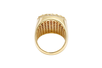 14KT Gold Ring Men's Round St. Jude Chino Border One Row White CZ Stones Outside Border Plain Band