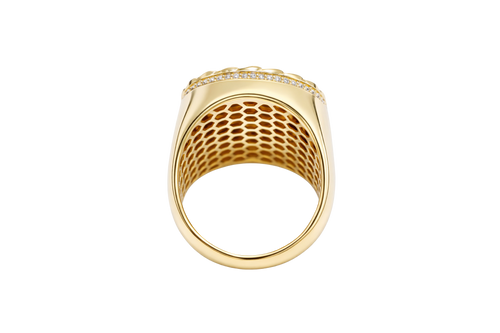 14KT Gold Ring Men's Round St. Jude Chino Border One Row White CZ Stones Outside Border Plain Band