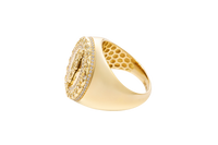 14KT Gold Ring Men's Round St. Jude Chino Border One Row White CZ Stones Outside Border Plain Band