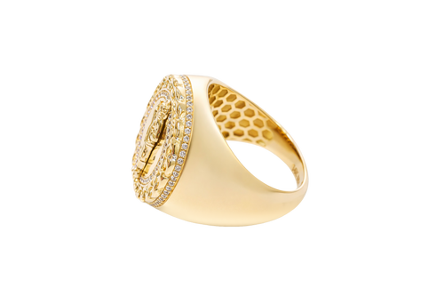 14KT Gold Ring Men's Round St. Jude Chino Border One Row White CZ Stones Outside Border Plain Band