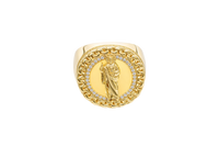 14KT Gold Ring Men's Round St. Jude Chino Border One Row White CZ Stones Outside Border Plain Band