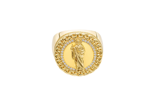 14KT Gold Ring Men's Round St. Jude Chino Border One Row White CZ Stones Outside Border Plain Band