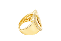 14KT Gold Ring Men's Shield St. Jude with White CZ Stones Border and Edge with Plain Shank
