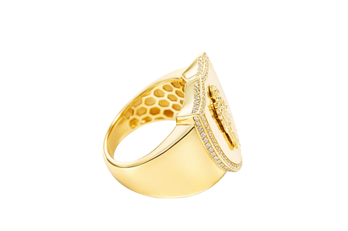 14KT Gold Ring Men's Shield St. Jude with White CZ Stones Border and Edge with Plain Shank