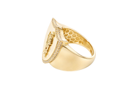 14KT Gold Ring Men's Shield St. Jude with White CZ Stones Border and Edge with Plain Shank
