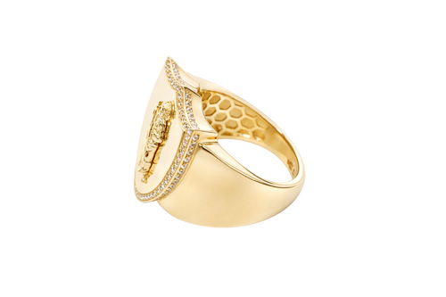 14KT Gold Ring Men's Shield St. Jude with White CZ Stones Border and Edge with Plain Shank