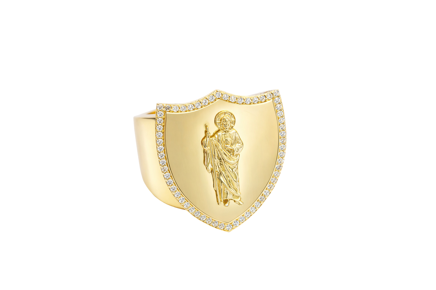 14KT Gold Ring Men's Shield St. Jude with White CZ Stones Border and Edge with Plain Shank