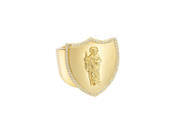 14KT Gold Ring Men's Shield St. Jude with White CZ Stones Border and Edge with Plain Shank