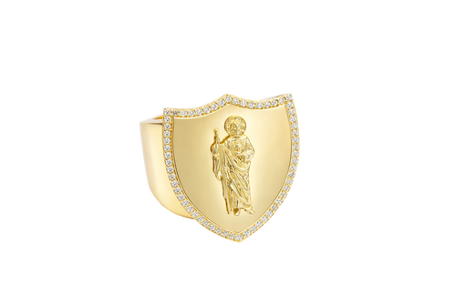 14KT Gold Ring Men's Shield St. Jude with White CZ Stones Border and Edge with Plain Shank
