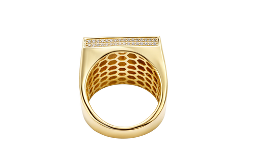 14KT Gold Ring Men's Square St. Jude Sunray Background Greek Border Double Row White CZ Stones Edge Border Plain Band