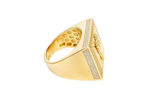 14KT Gold Ring Men's Square St. Jude Sunray Background Greek Border Double Row White CZ Stones Edge Border Plain Band
