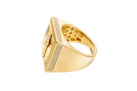 14KT Gold Ring Men's Square St. Jude Sunray Background Greek Border Double Row White CZ Stones Edge Border Plain Band