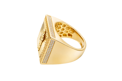 14KT Gold Ring Men's Square St. Jude Sunray Background Greek Border Double Row White CZ Stones Edge Border Plain Band