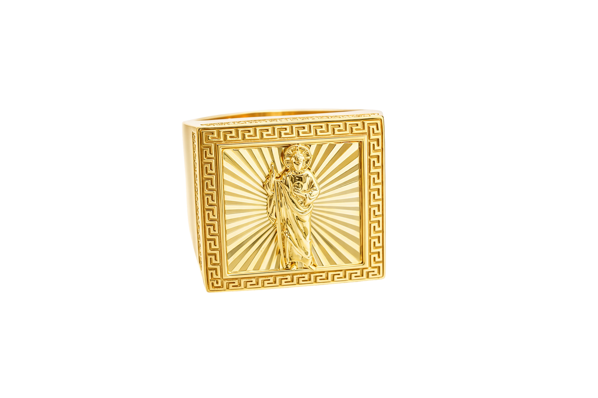 14KT Gold Ring Men's Square St. Jude Sunray Background Greek Border Double Row White CZ Stones Edge Border Plain Band