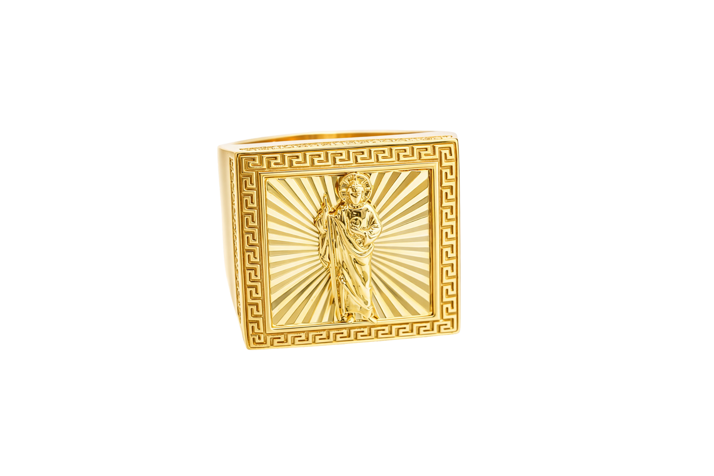 14KT Gold Ring Men's Square St. Jude Sunray Background Greek Border Double Row White CZ Stones Edge Border Plain Band