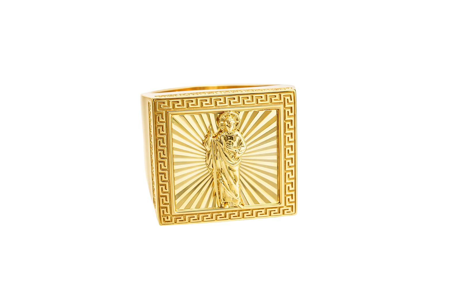 14KT Gold Ring Men's Square St. Jude Sunray Background Greek Border Double Row White CZ Stones Edge Border Plain Band